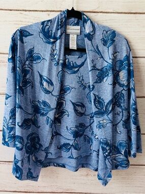 Alfred Dunner Petite PS Blue Floral Attached Twinset Top Metallic Accents